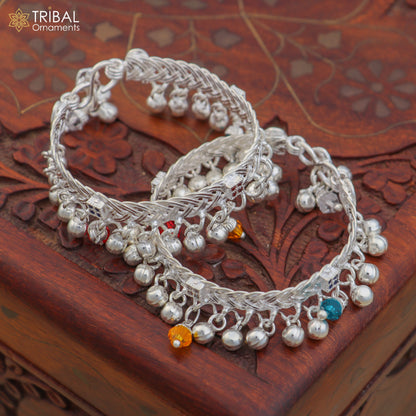 Sterling silver customized baby anklet with jingling bells, delicate design, perfect for kids' jewelry by TRIBAL ORNAMENTS.