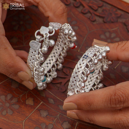 Sterling silver customized baby anklet with jingling charms, delicate and fancy design for kids, by TRIBAL ORNAMENTS.