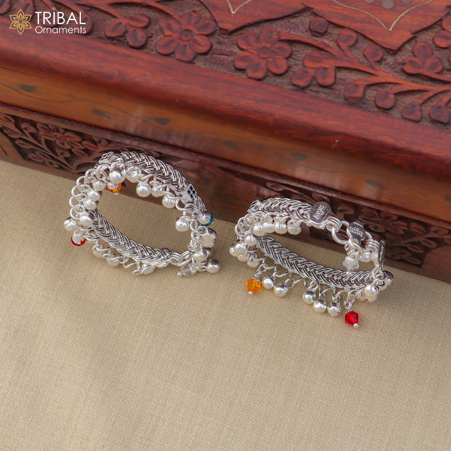 Sterling silver customized baby anklet with jingling charms, delicate design, ideal for kids, by TRIBAL ORNAMENTS.