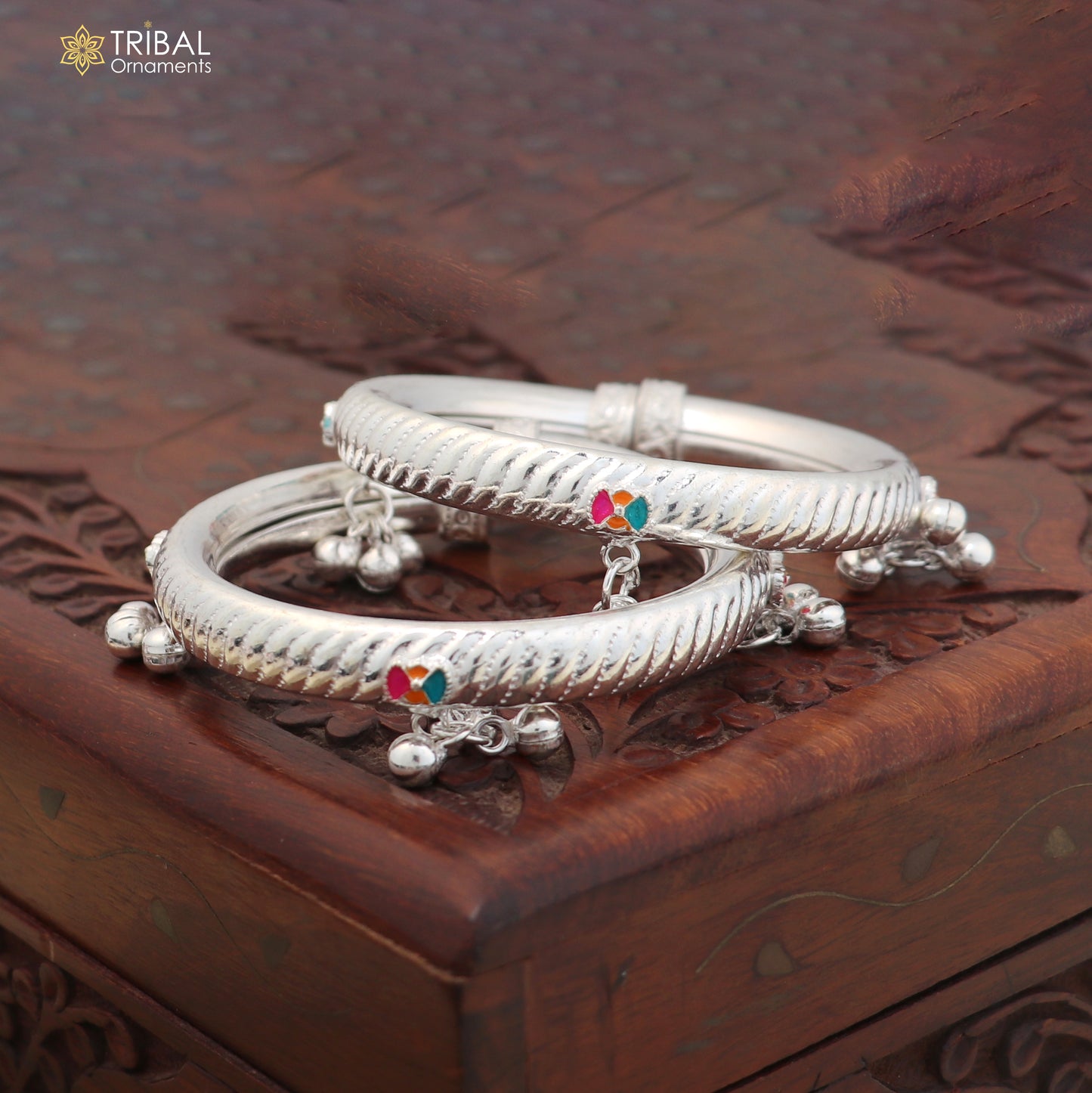 Vintage design Sterling silver baby bracelet foot kada with hanging noisy bells fabulous gifting jewelry ank773