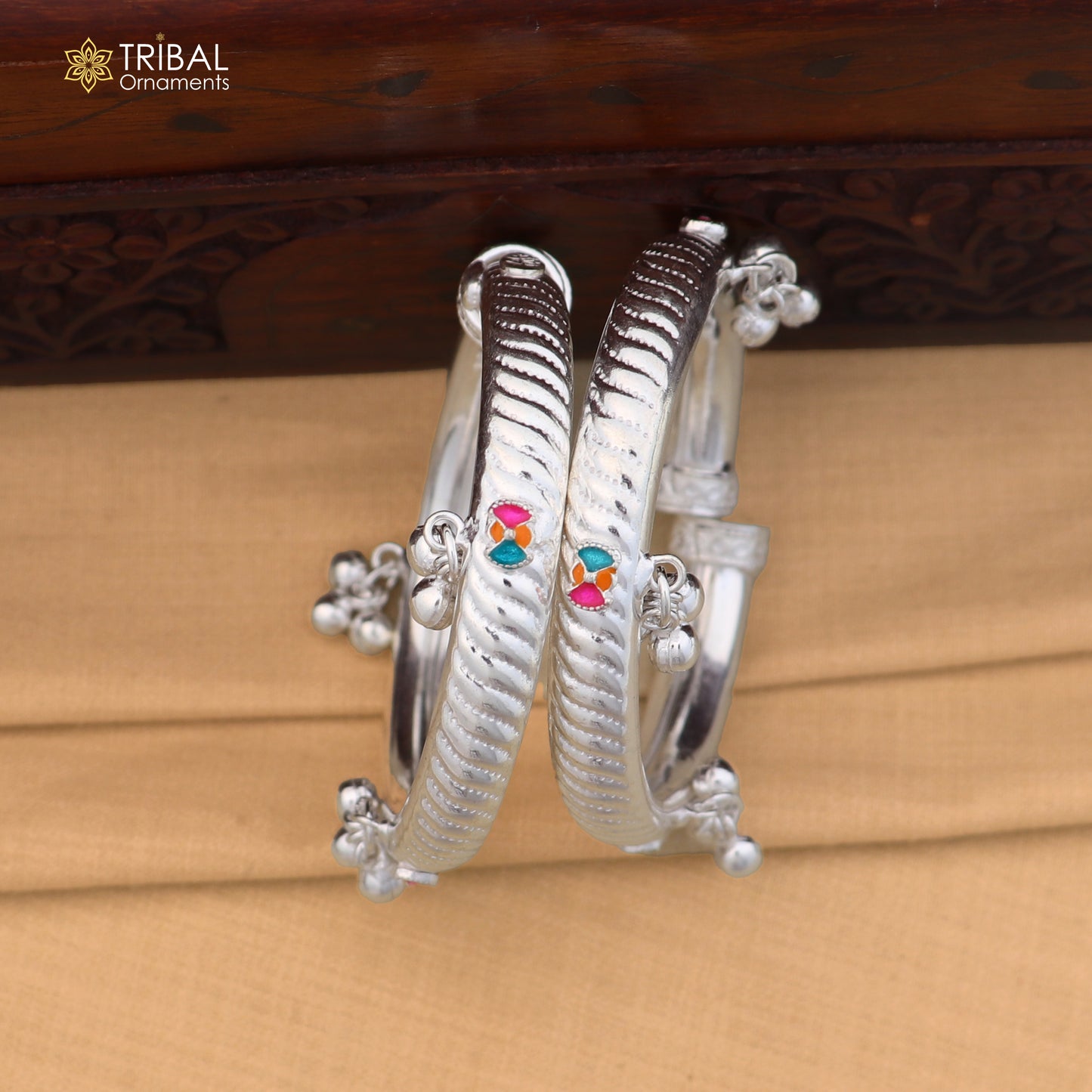 Vintage design Sterling silver baby bracelet foot kada with hanging noisy bells fabulous gifting jewelry ank773