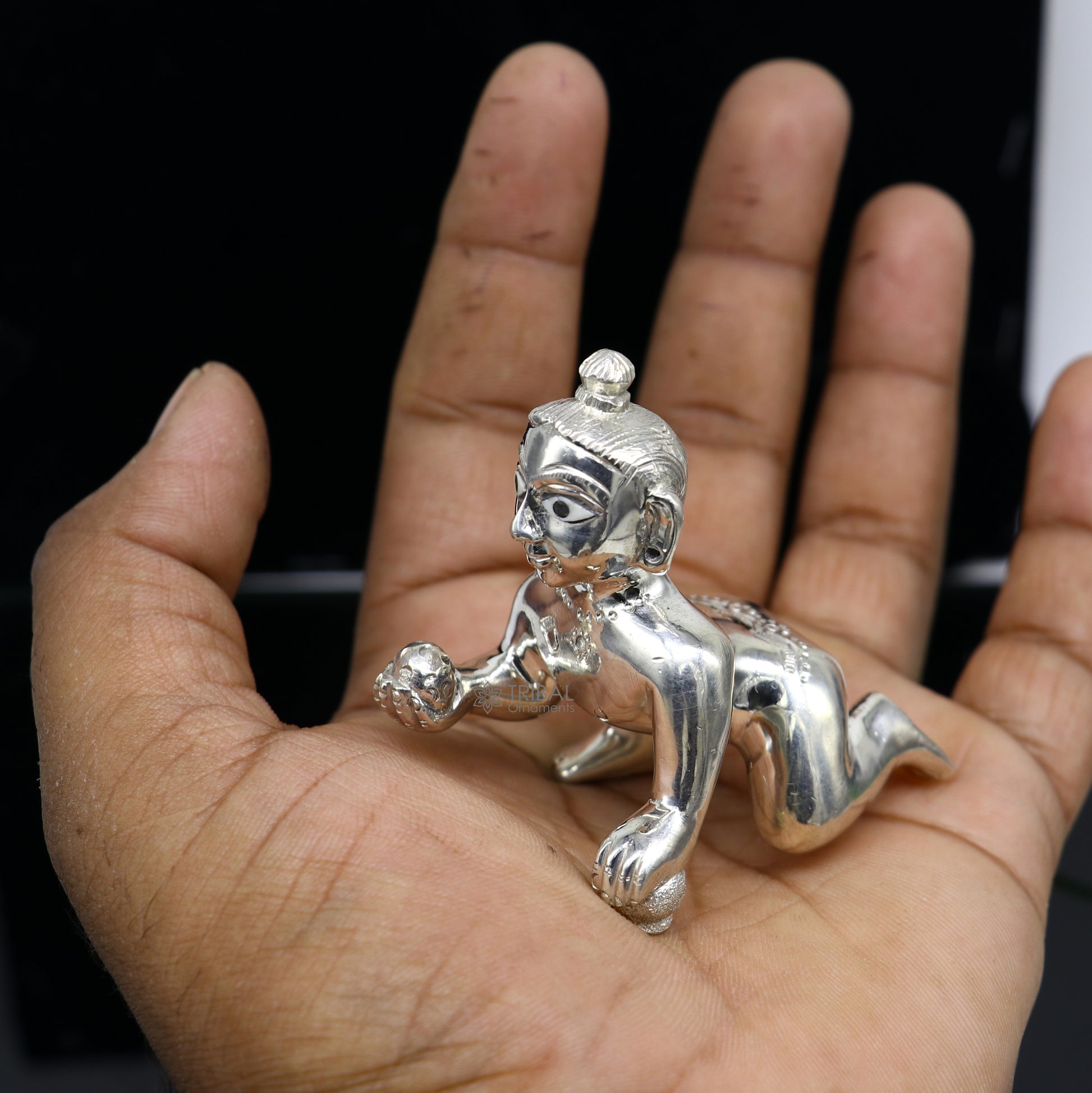 Divine 925 sterling Solid silver handmade idol Krishna, Ladu Gopal, crawling Krishna small statue sculpture home temple puja art art495 - TRIBAL ORNAMENTS