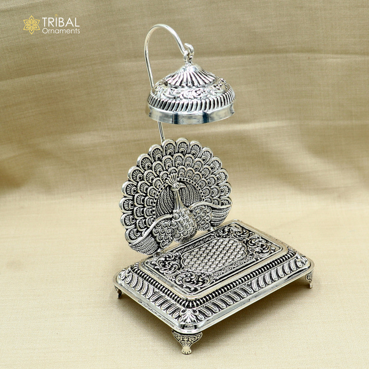 925 sterling silver peacock design God statue's chair Singhasan, throne temple puja article art893