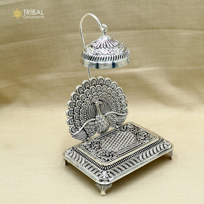 925 sterling silver peacock design God statue's chair Singhasan, throne temple puja article art893