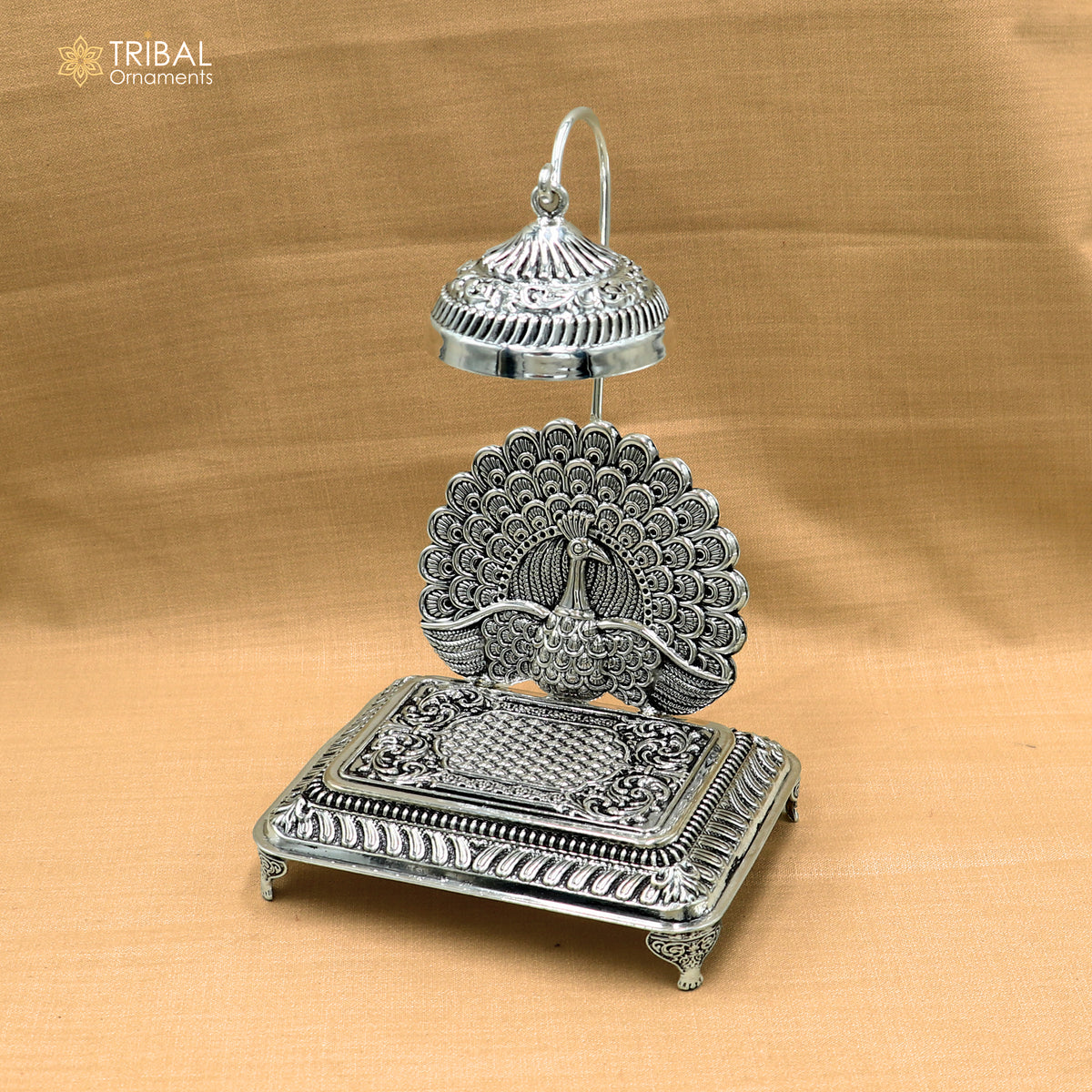 925 sterling silver peacock design God statue's chair Singhasan, throne temple puja article art893