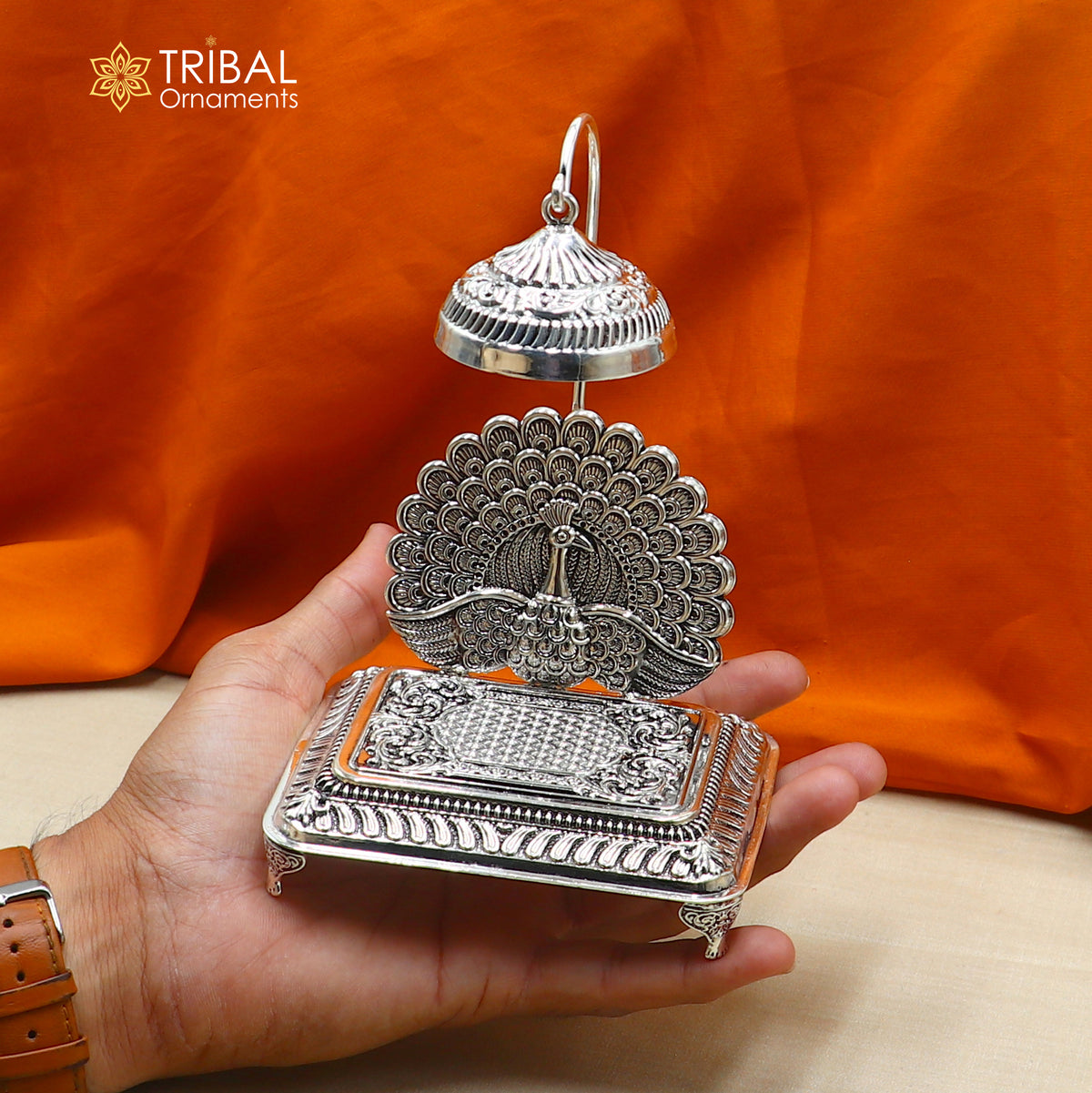 925 sterling silver peacock design God statue's chair Singhasan, throne temple puja article art893