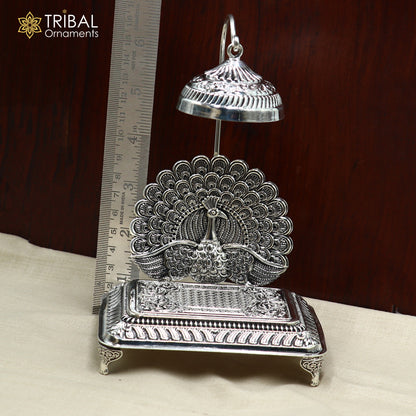 925 sterling silver peacock design God statue's chair Singhasan, throne temple puja article art893