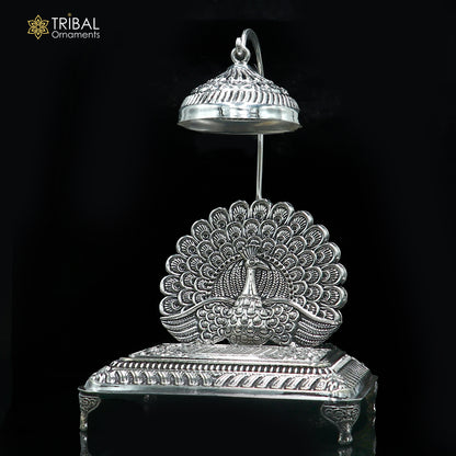 925 sterling silver peacock design God statue's chair Singhasan, throne temple puja article art893