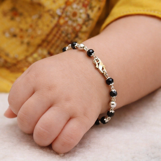 925 silver customized black beads Nazariya bracelet with evil eye protection, stylish jewelry for newborn babies from TRIBAL ORNAMENTS