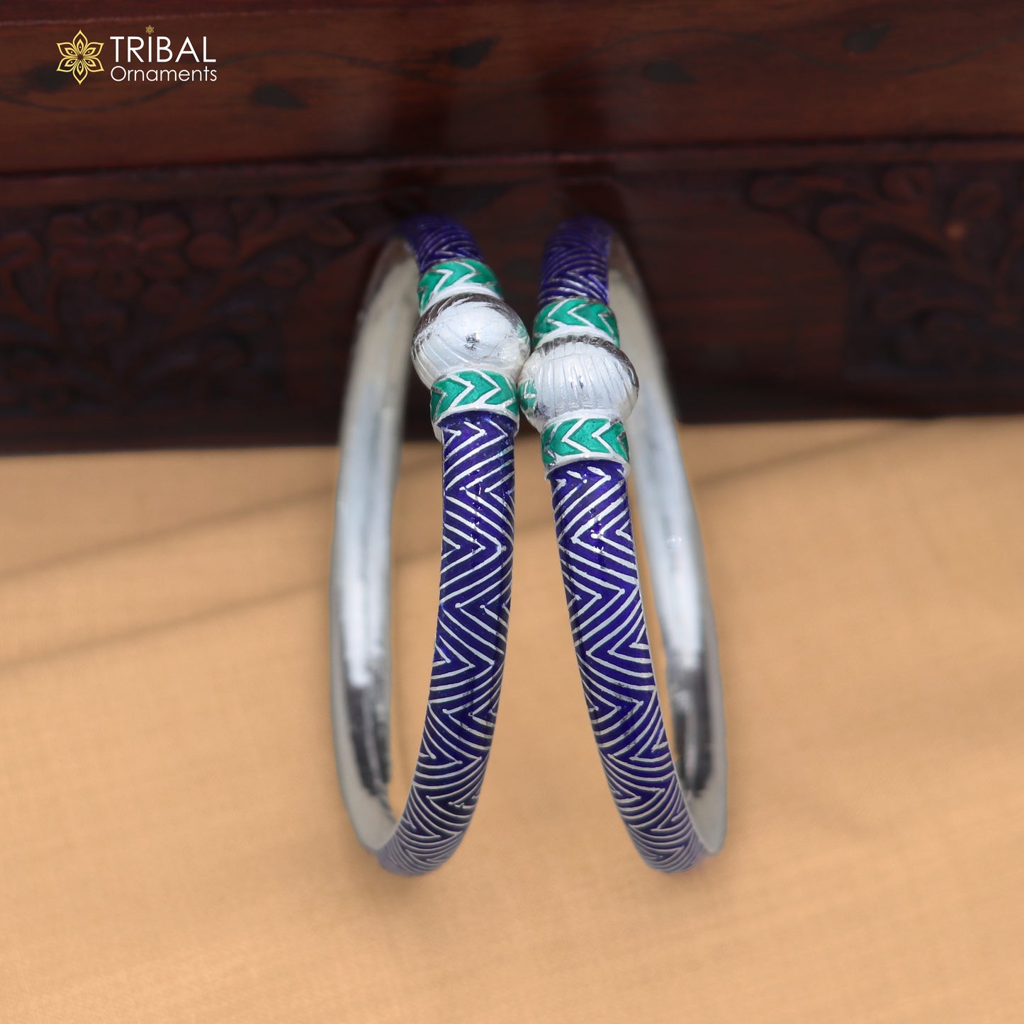 925 sterling silver ball design blue color enamel bangles bracelet brides jewelry ba464