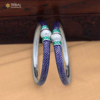 925 sterling silver ball design blue color enamel bangles bracelet brides jewelry ba464