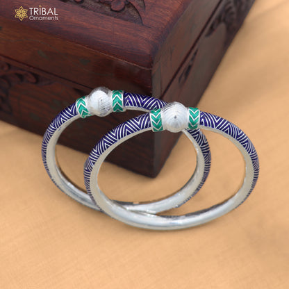 925 sterling silver ball design blue color enamel bangles bracelet brides jewelry ba464