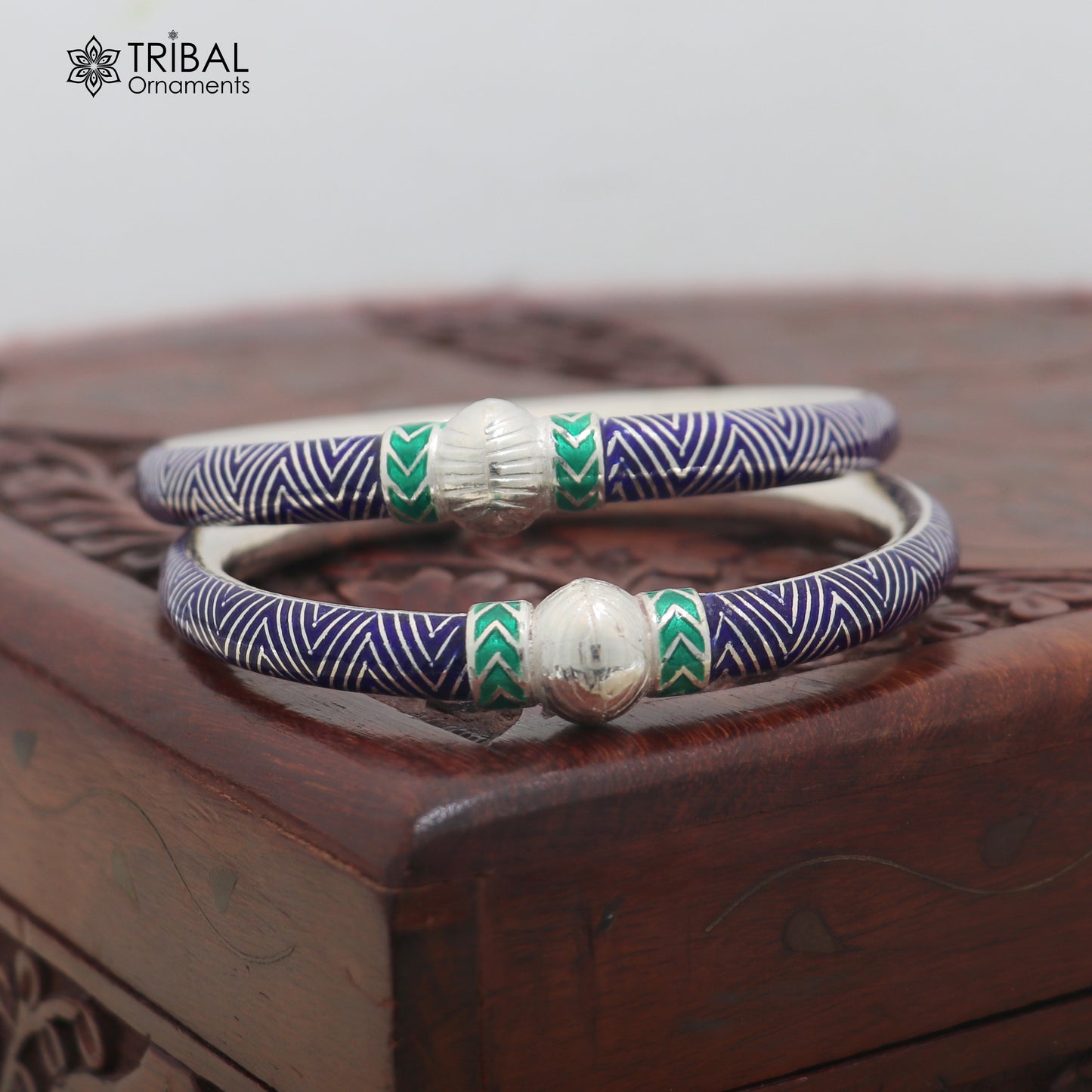 925 sterling silver ball design blue color enamel bangles bracelet brides jewelry ba464