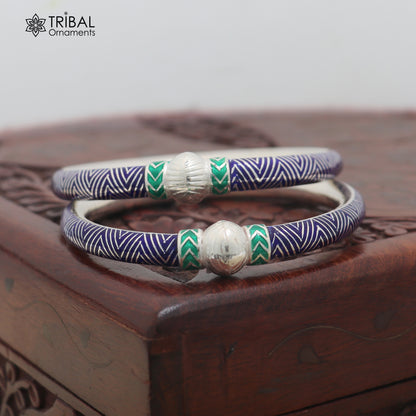 925 sterling silver ball design blue color enamel bangles bracelet brides jewelry ba464