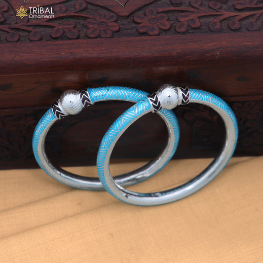 Sterling silver turquoise enamel bangles bracelet with ball design by TRIBAL ORNAMENTS, perfect for brides jewelry.