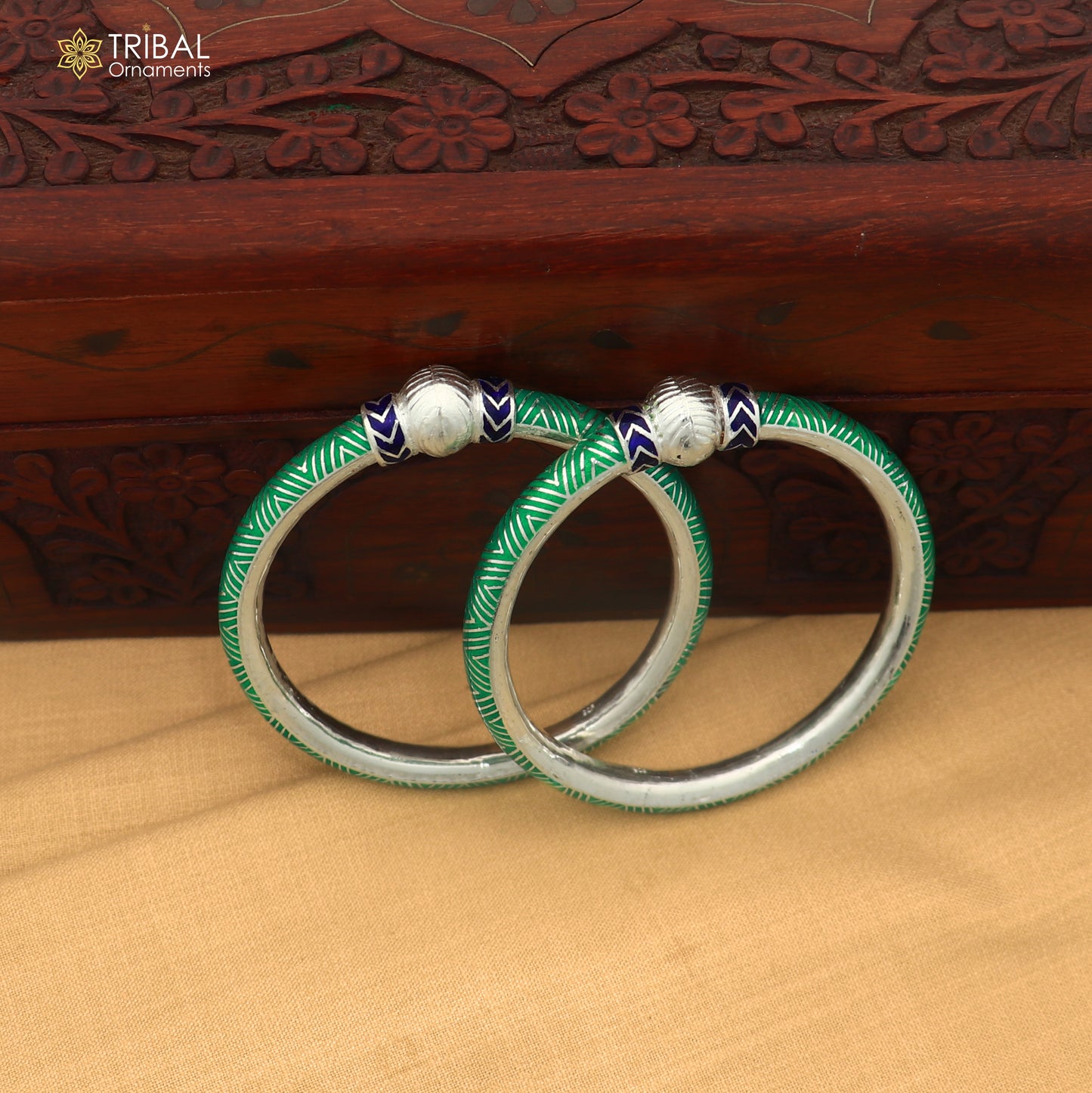 925 sterling silver ball design green color enamel bangles bracelet brides jewelry ba466