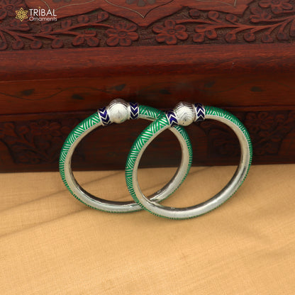 925 sterling silver ball design green color enamel bangles bracelet brides jewelry ba466