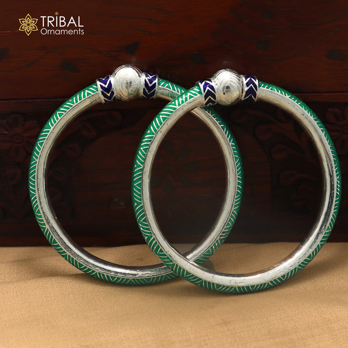 925 sterling silver ball design green color enamel bangles bracelet brides jewelry ba466