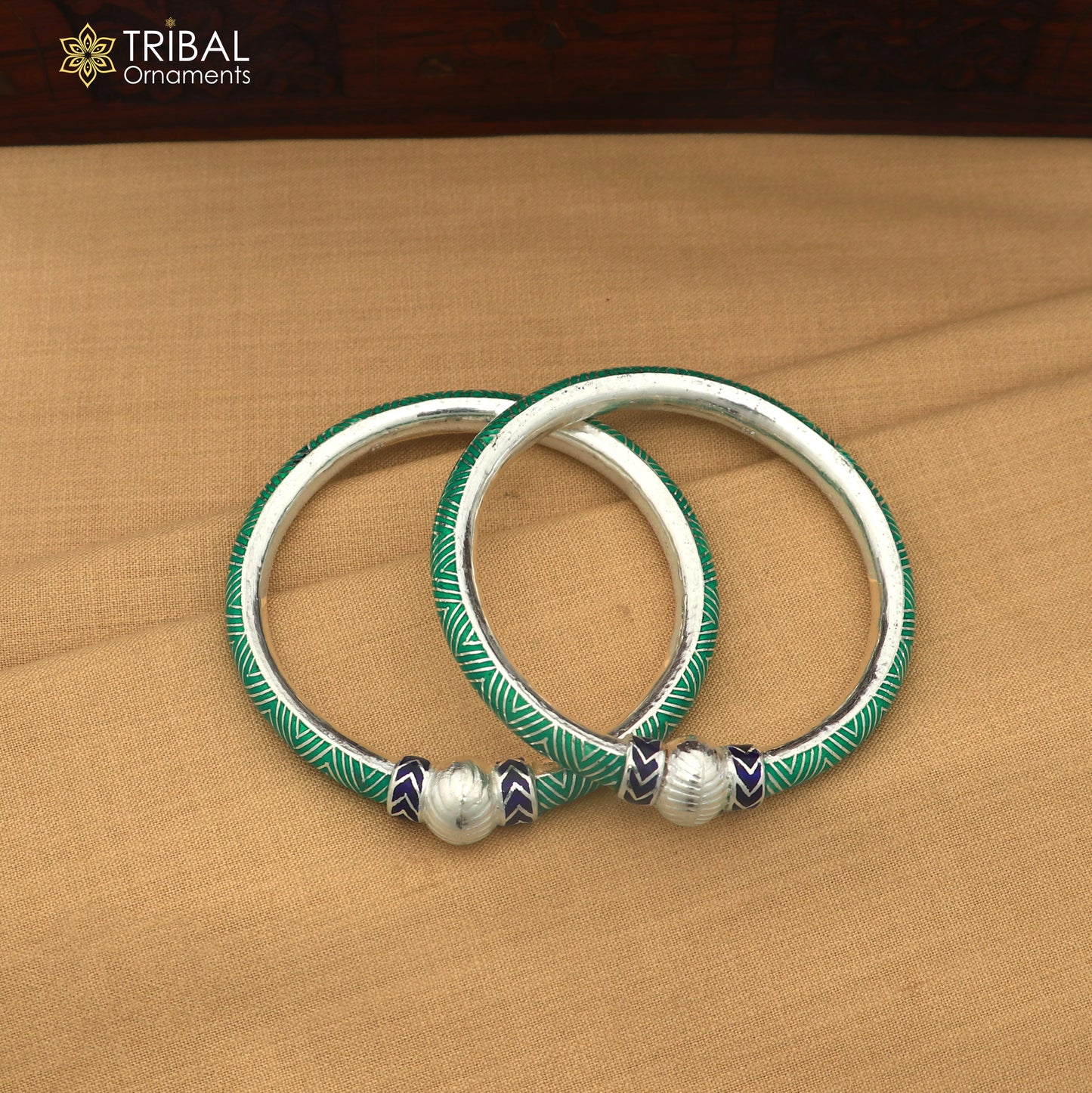 925 sterling silver ball design green color enamel bangles bracelet brides jewelry ba466
