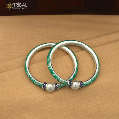 925 sterling silver ball design green color enamel bangles bracelet brides jewelry ba466