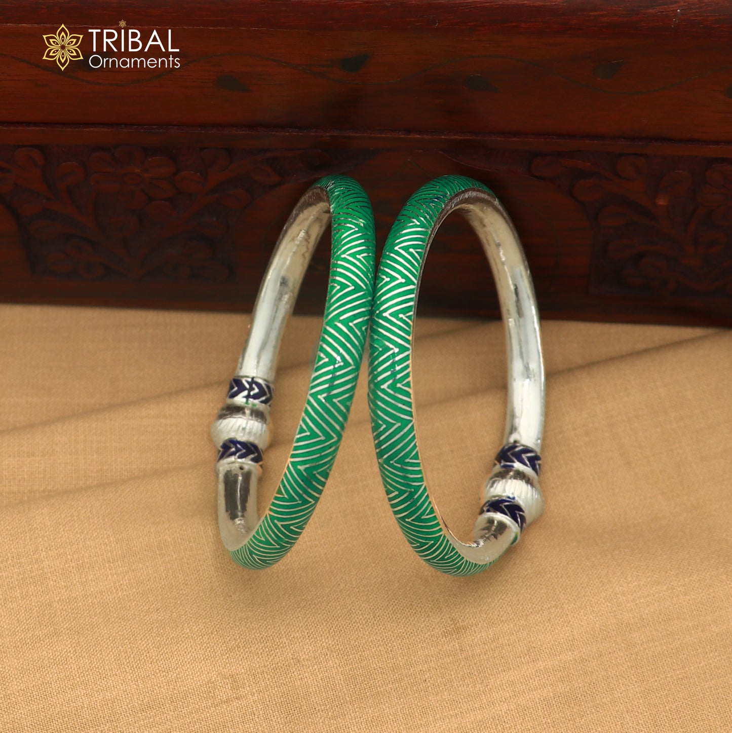 925 sterling silver ball design green color enamel bangles bracelet brides jewelry ba466