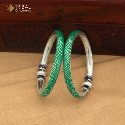 925 sterling silver ball design green color enamel bangles bracelet brides jewelry ba466