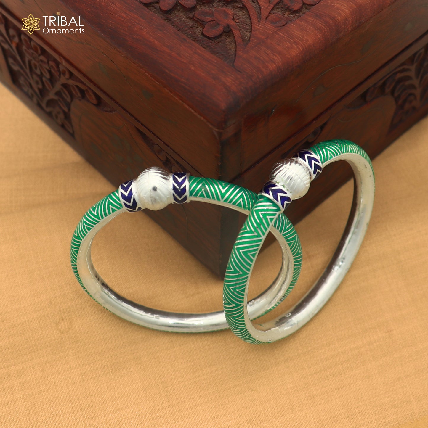 925 sterling silver ball design green color enamel bangles bracelet brides jewelry ba466