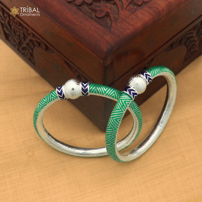 925 sterling silver ball design green color enamel bangles bracelet brides jewelry ba466