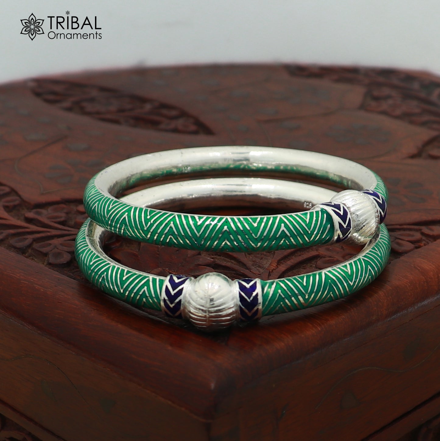 925 sterling silver ball design green color enamel bangles bracelet brides jewelry ba466