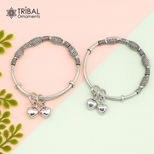 925 sterling silver handmade beaded vintage design adjustable charm baby bangles kada, silver new born kids jewelry, pretty gifts bbk64