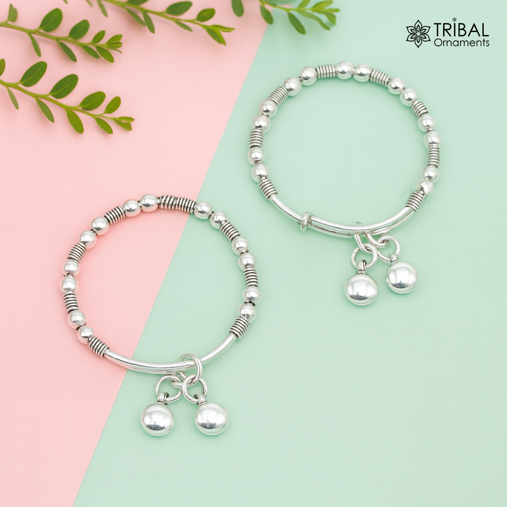 Dainty 925 sterling silver handmade beaded vintage adjustable charm baby bangles kada, silver new born kids jewelry, pretty gifts bbk65