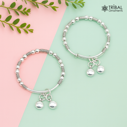 Dainty 925 sterling silver handmade beaded vintage adjustable charm baby bangles kada, silver new born kids jewelry, pretty gifts bbk65