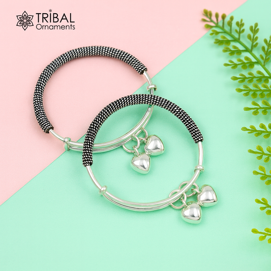 925 sterling silver handmade fancy adjustable baby bangle kada bracelet, fabulous heart shape hangings charm bangles unisex kids bbk70