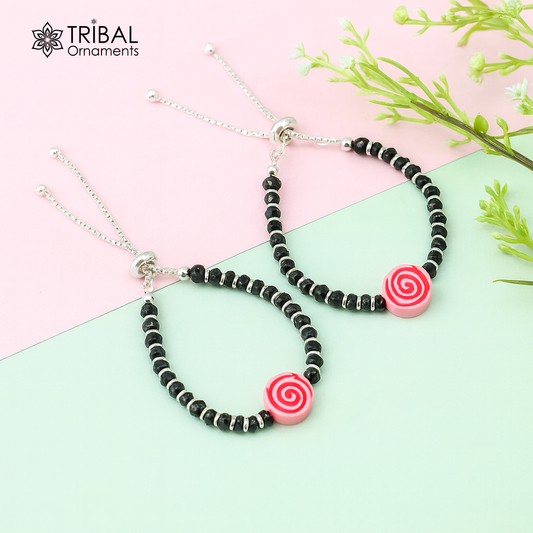 Stylish baby black beaded bangle bracelet or ankle bracelet 925 sterling silver handmade customized kids jewelry form india bbr41