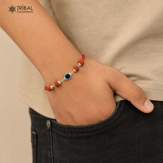 925 sterling silver RUDRAKSHA and EVIL eyes beads red thread rakhi Bracelet rk413