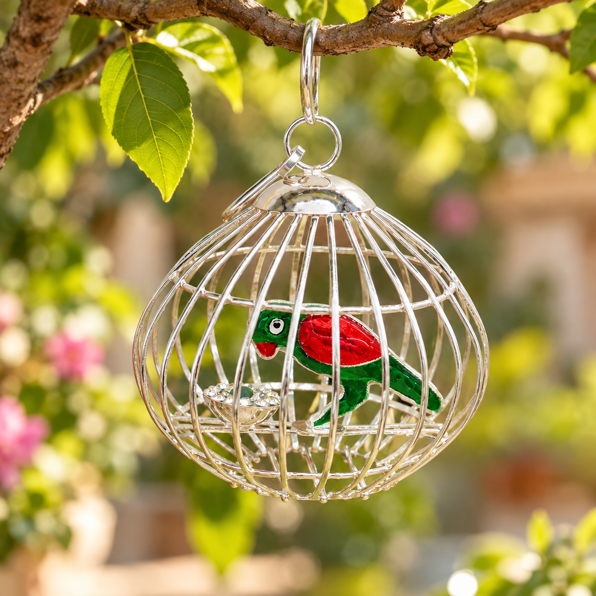 Handmade sterling silver toy of a silver parrot with cage for Krishna idols, crafted by TRIBAL ORNAMENTS, ideal for gifting or decoration.