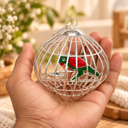 Handmade sterling silver toy parrot with cage for idol Krishna, crafted by TRIBAL ORNAMENTS, ideal for gifting or devotional use