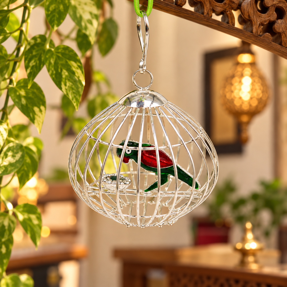 Handmade sterling silver toy for Krishna, featuring a silver parrot with cage, ideal for gifting to idol Krishna or deity.