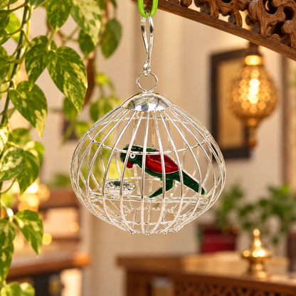 Handmade sterling silver toy for Krishna, featuring a silver parrot with cage, ideal for gifting to idol Krishna or deity.