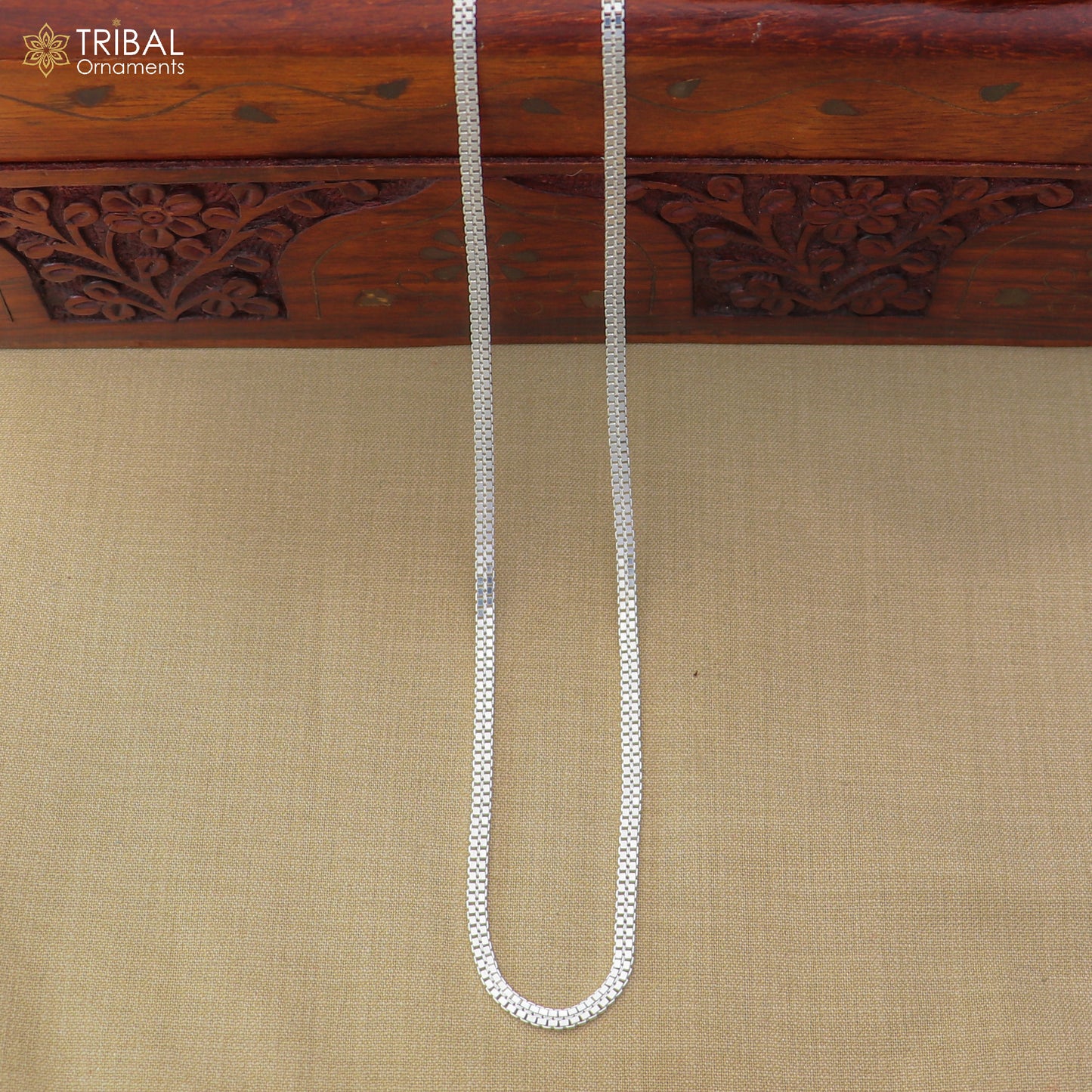 Sterling silver box chain necklace for unisex jewelry by TRIBAL ORNAMENTS, featuring a sleek and modern design.