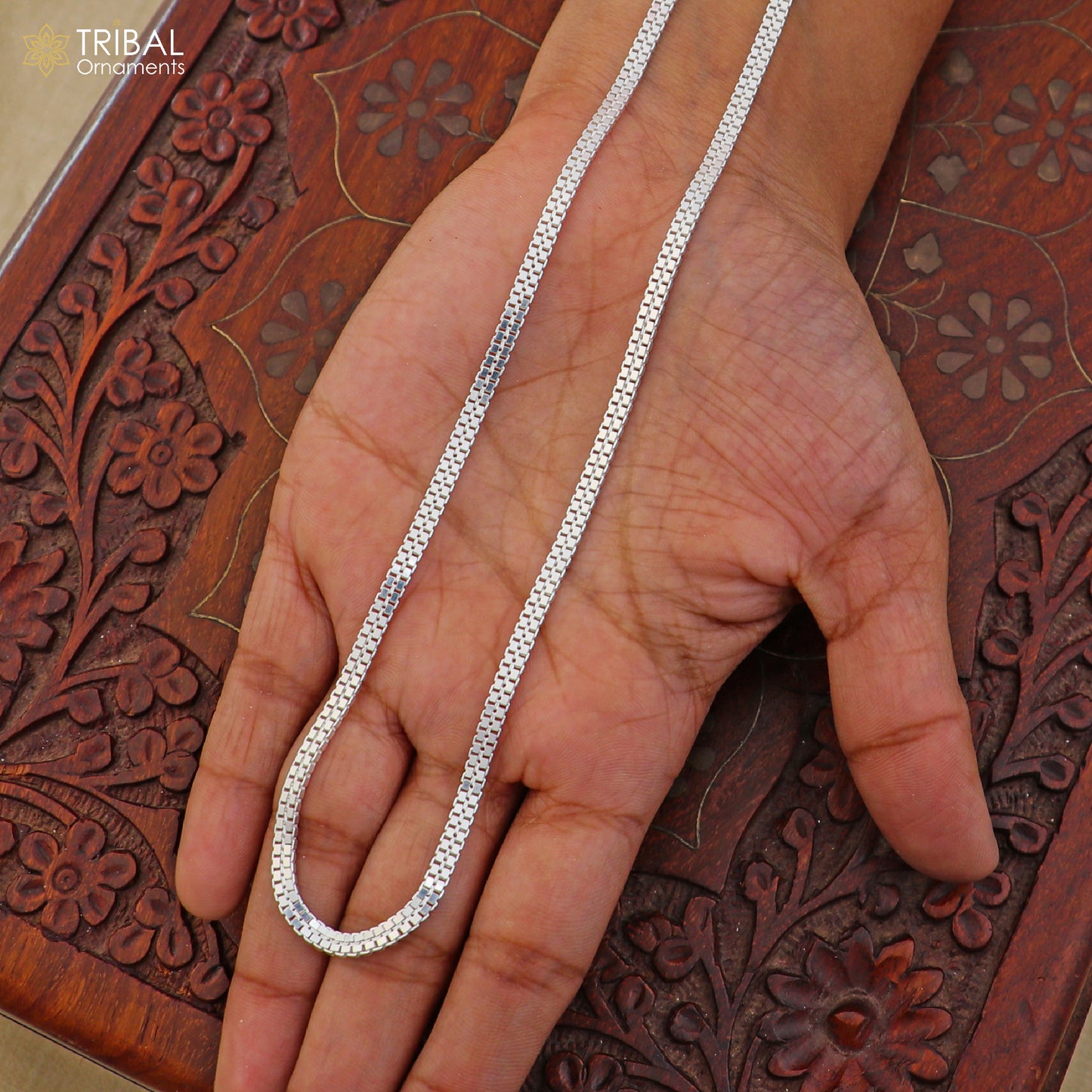 Sterling silver box chain necklace for unisex jewelry by TRIBAL ORNAMENTS, featuring a polished box link design.