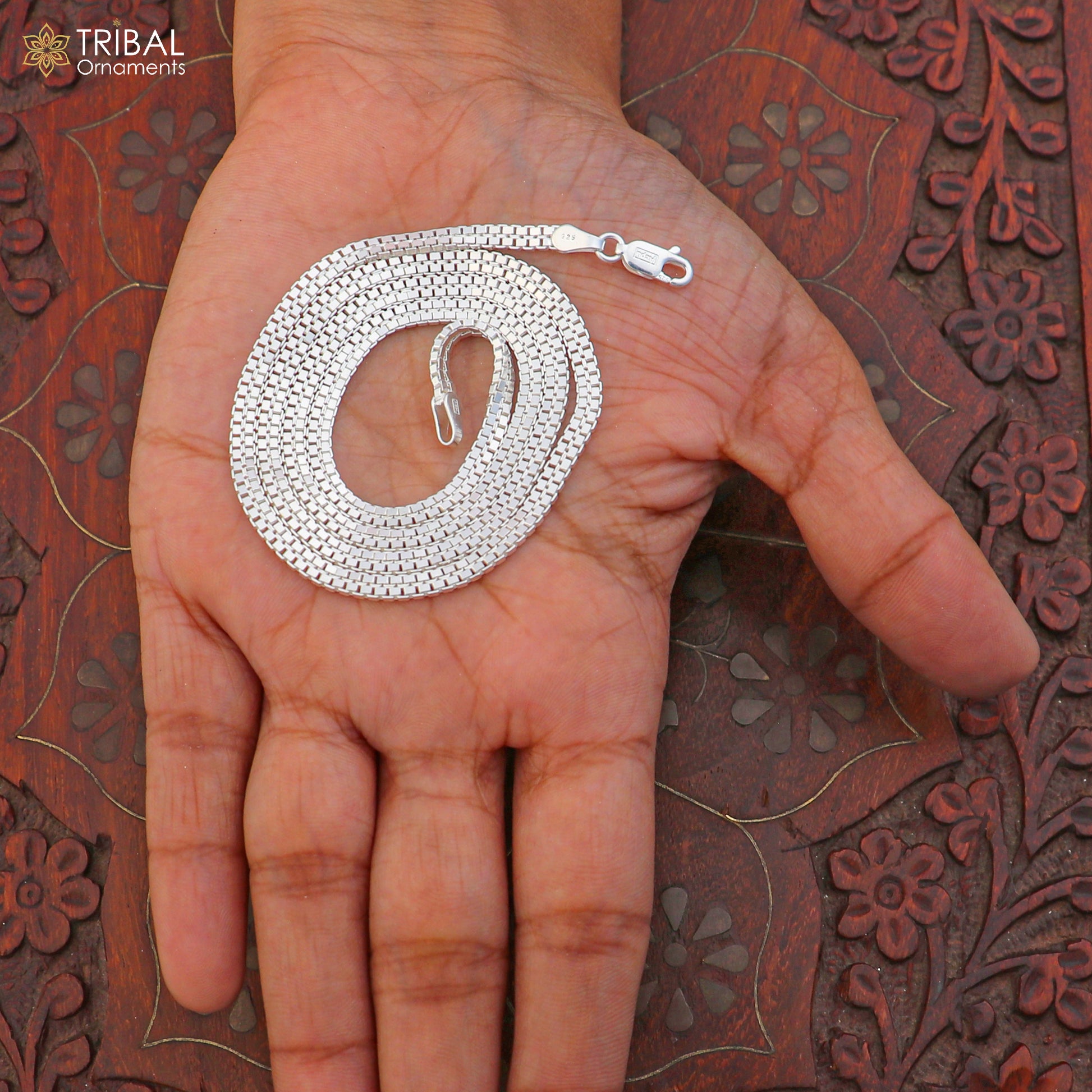 Sterling silver box chain necklace for unisex jewelry, featuring a sleek design, by TRIBAL ORNAMENTS.