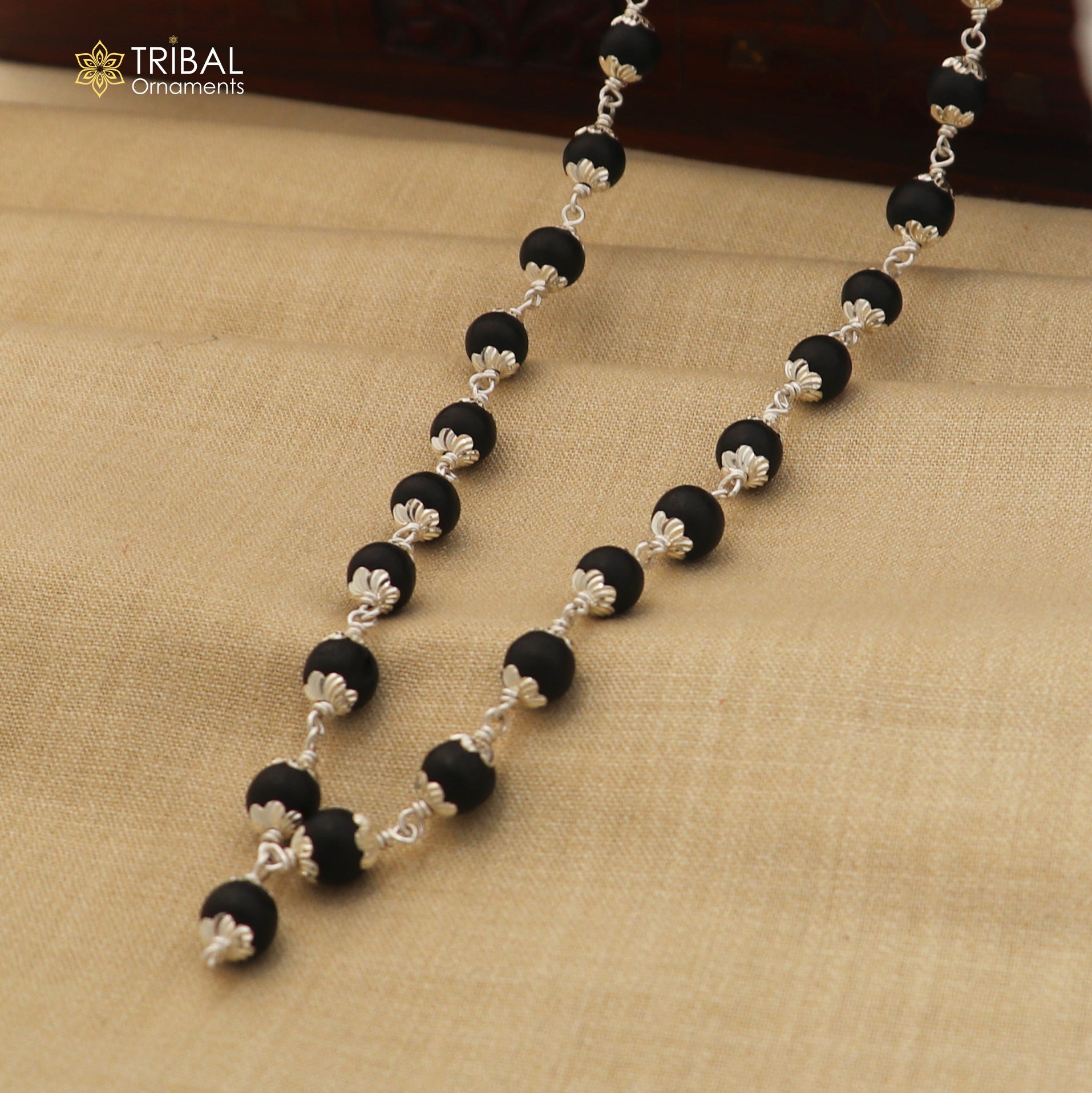 Handmade karungali round beads mala with 54/108 beads on a 925 solid silver chain necklace by TRIBAL ORNAMENTS.