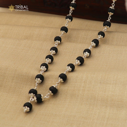 Handmade karungali round beads mala with 54/108 beads on a 925 solid silver chain necklace by TRIBAL ORNAMENTS.