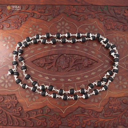Handmade karungali round beads mala with 54/108 beads on a 925 solid silver chain necklace by Tribal Ornaments.