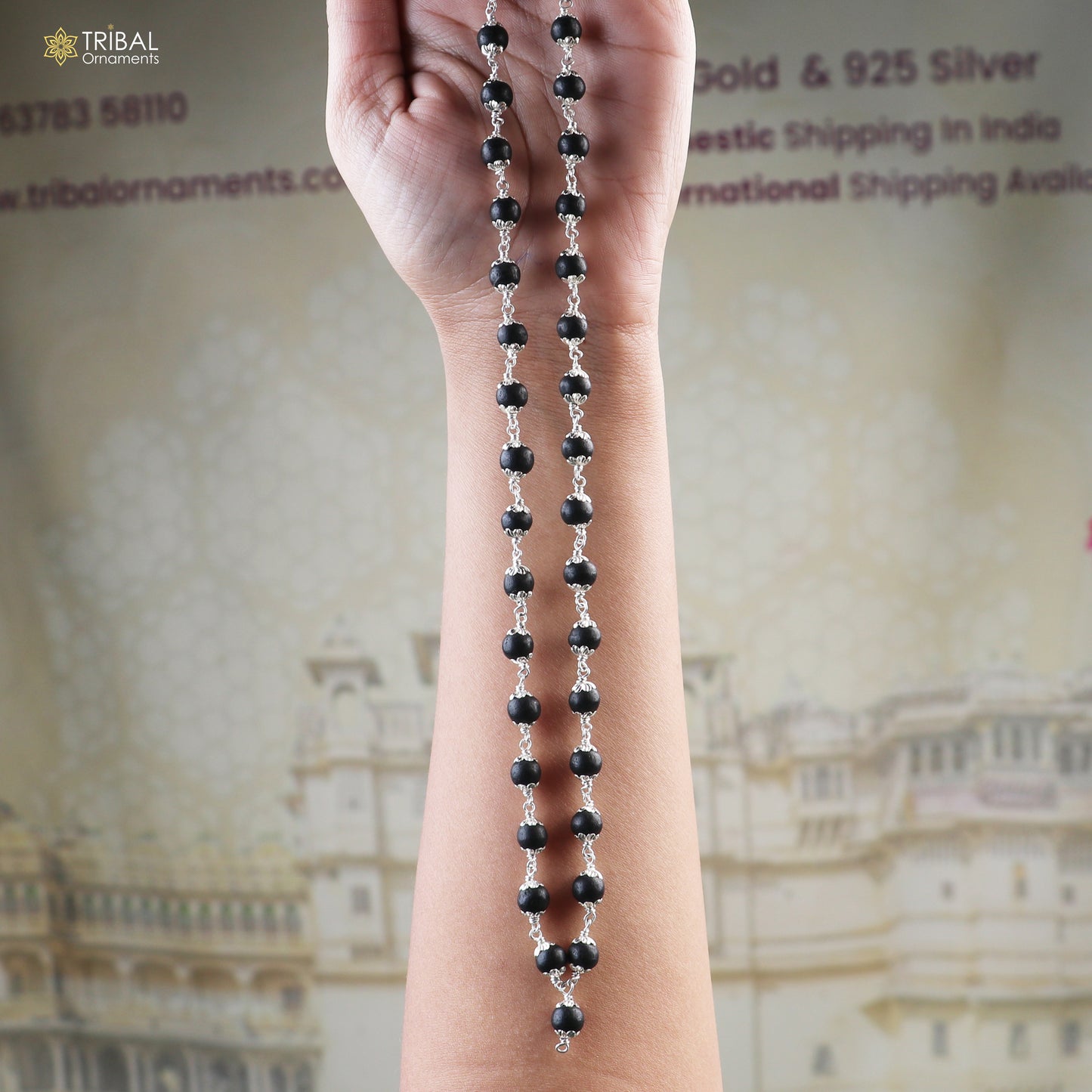 Handmade Karungali round beads mala with 54/108 beads on a 925 solid silver chain necklace by Tribal Ornaments.