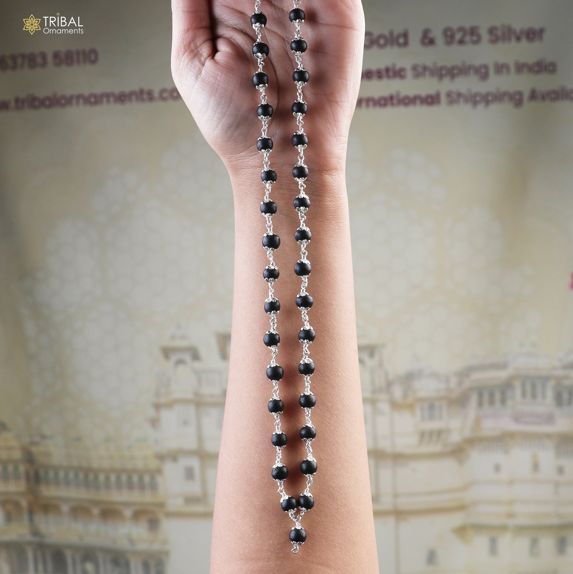 Handmade Karungali round beads mala with 54/108 beads on a 925 solid silver chain necklace by Tribal Ornaments.