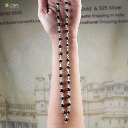 Handmade Karungali round beads mala with 54/108 beads on a 925 solid silver chain necklace by Tribal Ornaments.