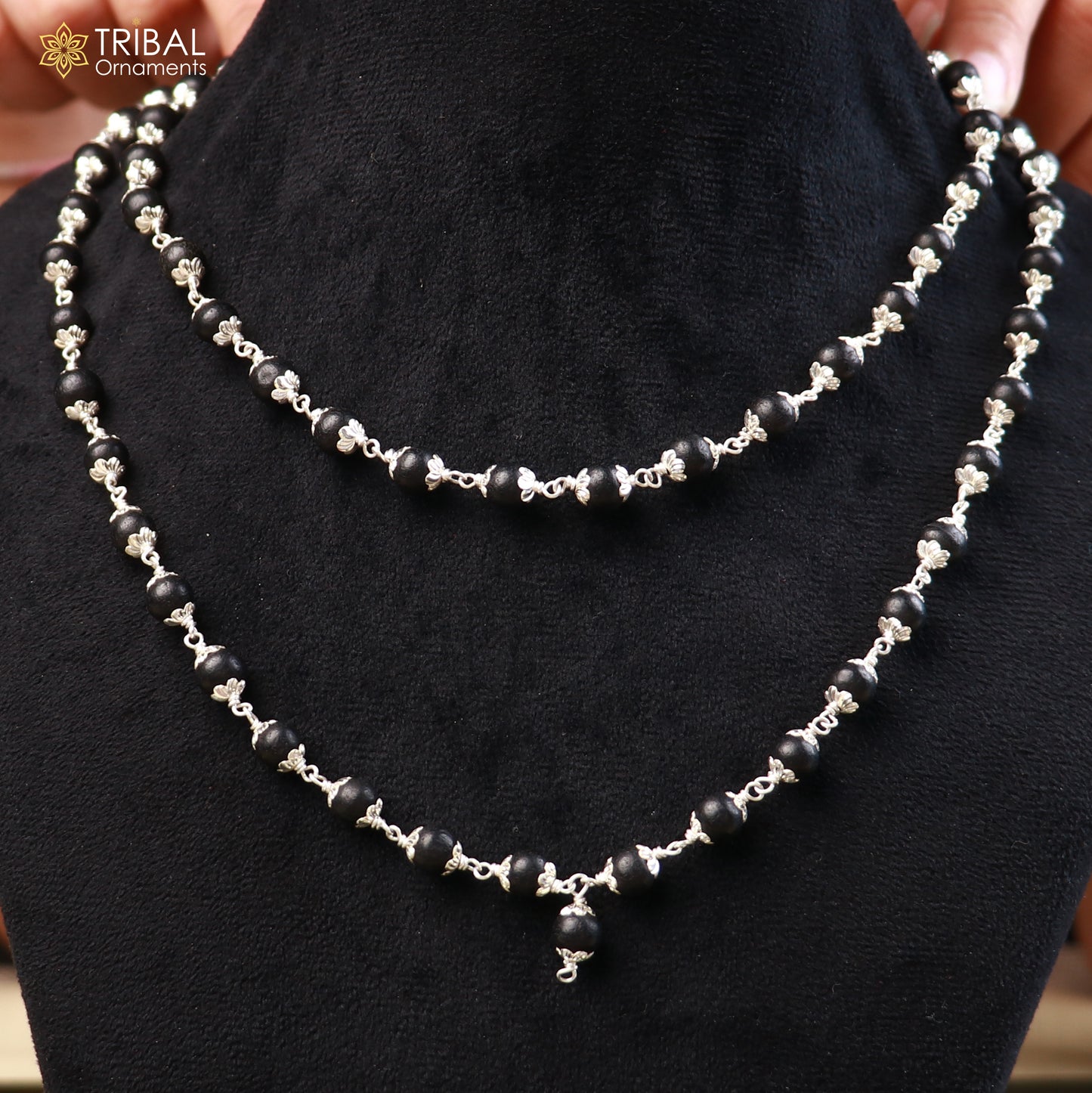 Handmade 54/108 beads Karungali mala with round beads on a 925 solid silver chain necklace, by TRIBAL ORNAMENTS.