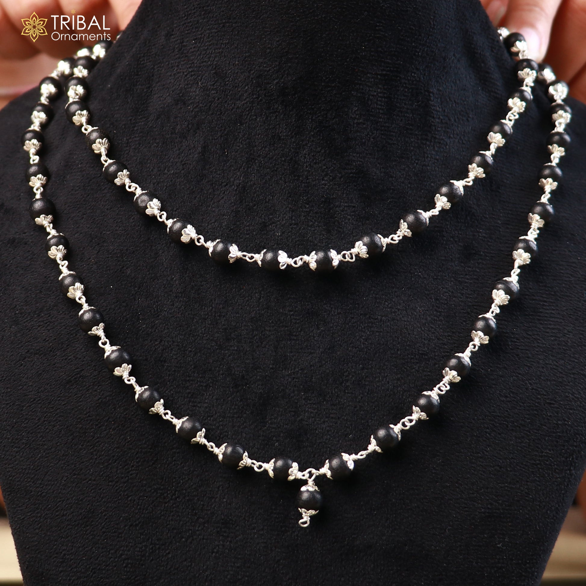 Handmade 54/108 beads Karungali mala with round beads on a 925 solid silver chain necklace, by TRIBAL ORNAMENTS.